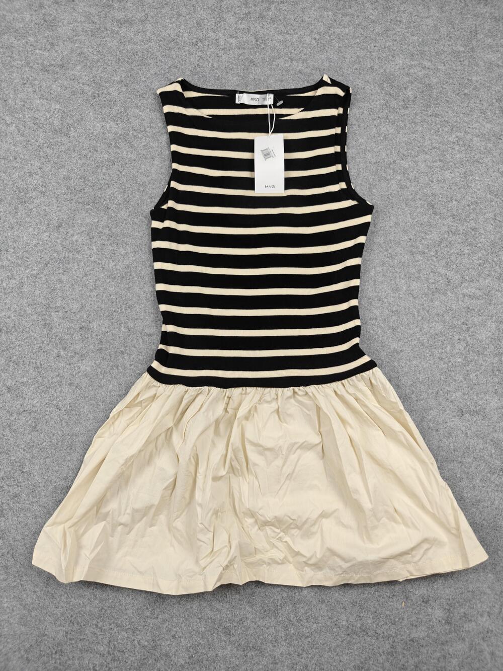 MNG Dress Womens XS Black Cream Striped Fit & Flare Tank Short Lined